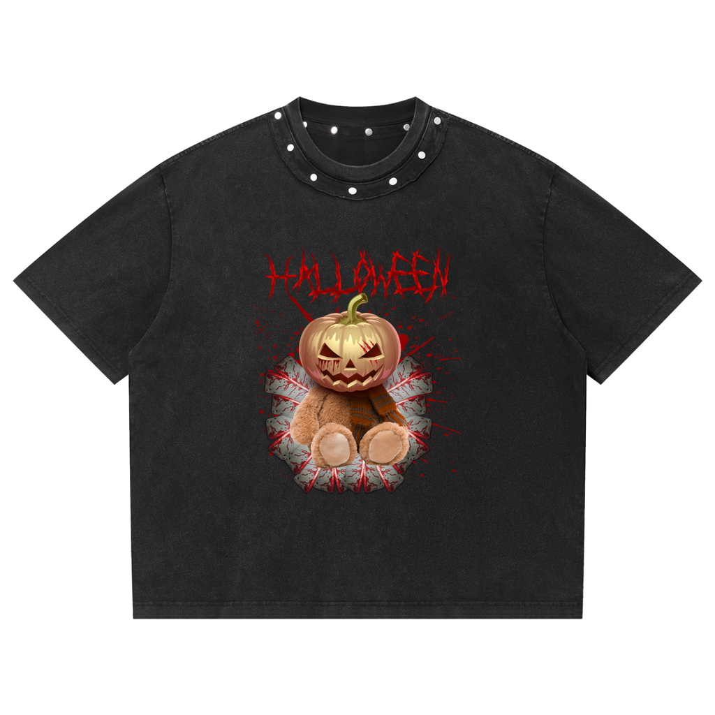 Pumpkin Bear Unisex Washed Boxy Studded T-Shirt